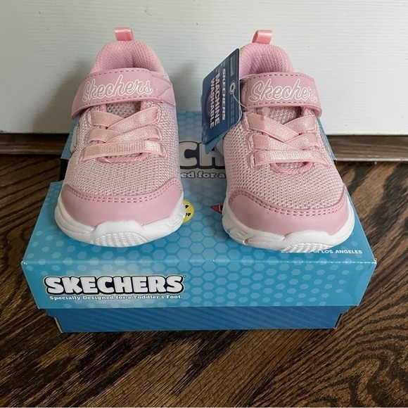 NWT Skechers Comfy Flex Moving On Velcro Sneakers Pink Shimmer Toddler Girls - Picture 3 of 5